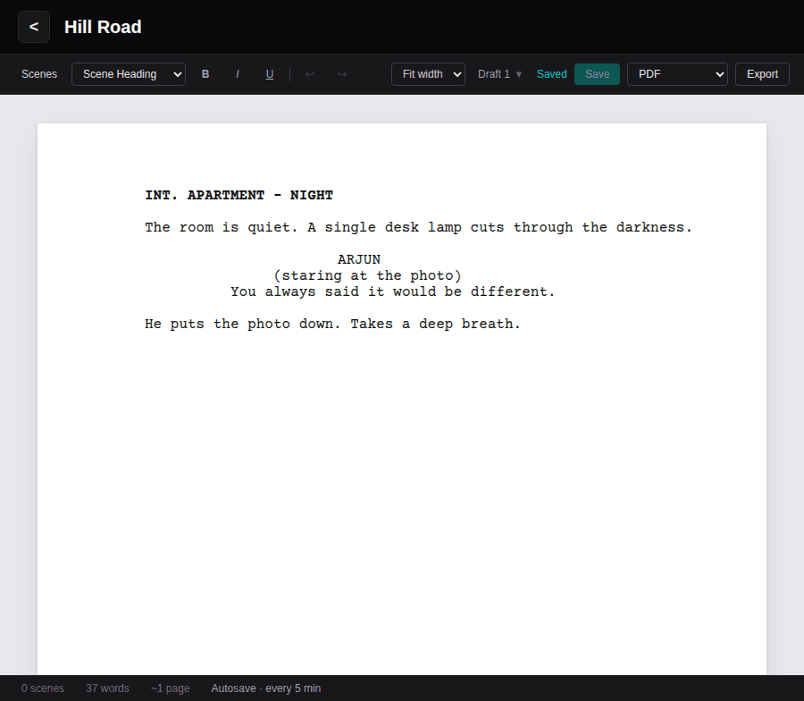 The Save the Draft screenplay editor, showing a scene in progress
